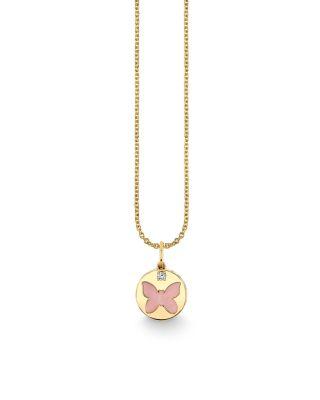 14K Yellow Gold The Solara Pink Mother of Pearl & Diamond Butterfly Pendant Necklace by SYDNEY EVAN