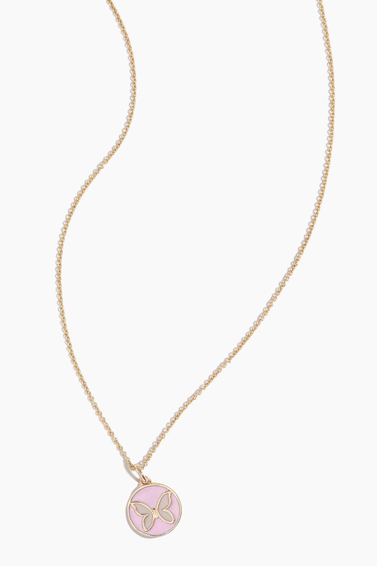 Tiny Blush Enamel Butterfly Medallion Necklace in Yellow Gold by SYDNEY EVAN