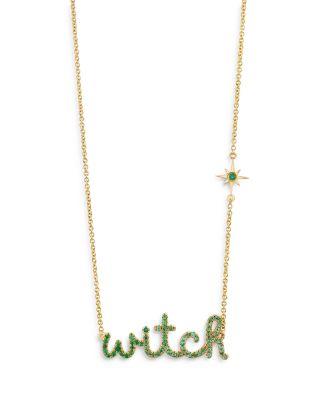Wicked x Sydney Evan 14K Yellow Gold Emerald Witch Script Pendant Necklace by SYDNEY EVAN