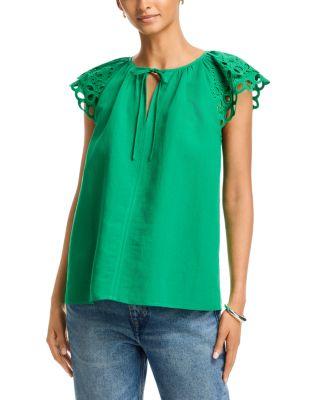 Embroidered Puff Sleeve Split Neck Blouse by T TAHARI