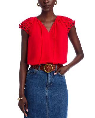 Embroidered Puff Sleeve Split Neck Blouse by T TAHARI