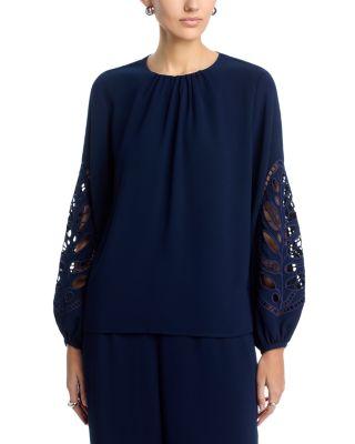 Embroidered Sleeve Crewneck Blouse by T TAHARI