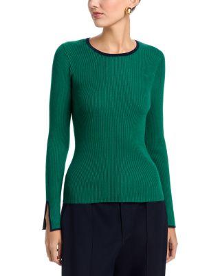 Long Bell Sleeved Rib Contrast Tipping Crewneck Pullover Sweater by T TAHARI