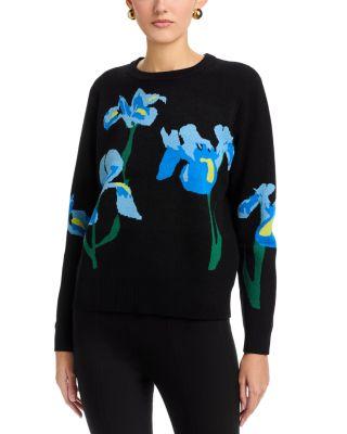 Long Sleeved Flower Jacquard Crewneck Pullover Sweater by T TAHARI