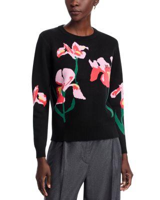 Long Sleeved Flower Jacquard Crewneck Pullover Sweater by T TAHARI