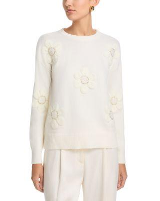Long Sleeved Fuzze Flowers Crewneck Pullover Sweater by T TAHARI