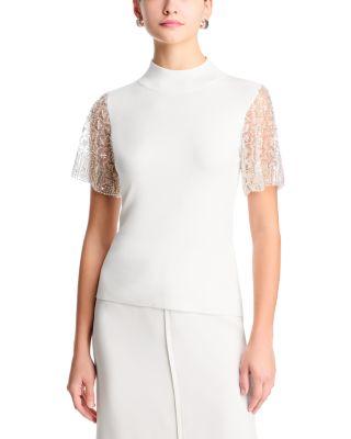 Sequin & Beaded Flutter Sleeve Mock Neck Sweater by T TAHARI