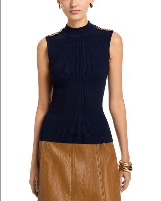 Sleeveless Rib Chain Trim Mock Neck Pullover Sweater by T TAHARI