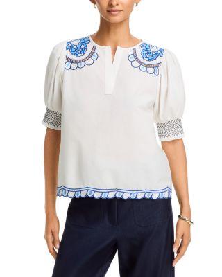 Split V Neck Embroidered Top by T TAHARI