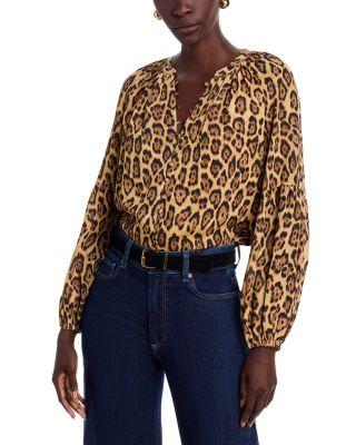 Split V Neck Leopard Print Button Down Blouse by T TAHARI