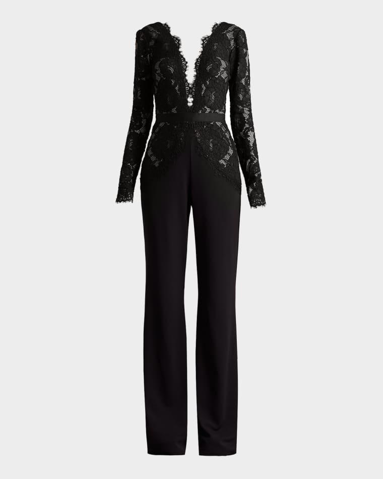 Amaris Plunging Illusion Lace & Crepe Jumpsuit by TADASHI SHOJI