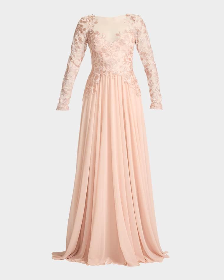 Floral-Embroidered Tulle & Georgette Gown by TADASHI SHOJI