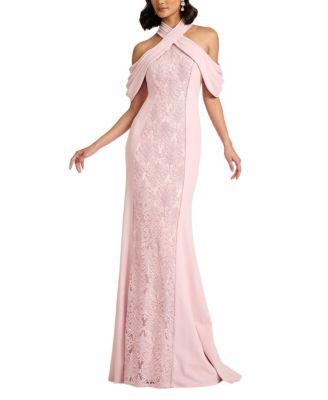 Kato Embroidered Off-Shoulder Halter Gown by TADASHI SHOJI