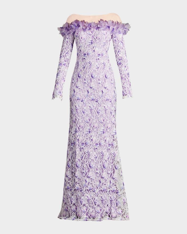 Off-Shoulder Illusion Floral Lace Gown by TADASHI SHOJI