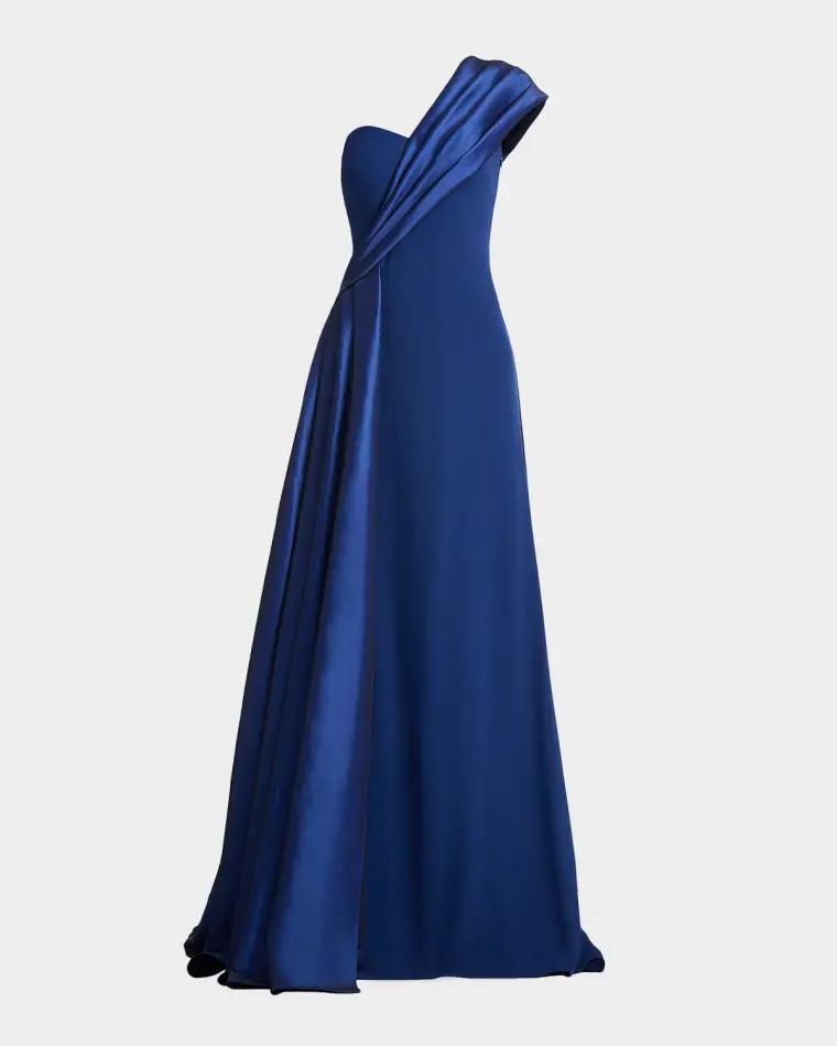 One-Shoulder Draped Crepe Gown by TADASHI SHOJI