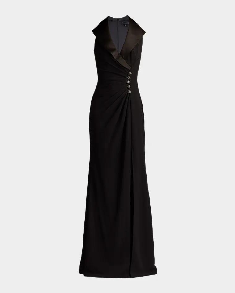 Pleated Jewel-Embellished Crepe Tuxedo Gown by TADASHI SHOJI