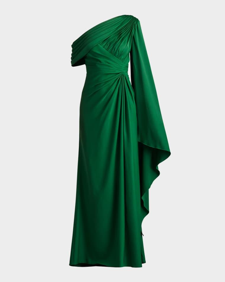 Pleated One-Shoulder Cape Gown by TADASHI SHOJI