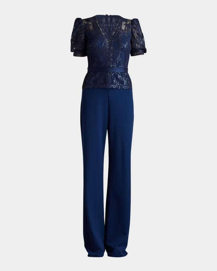 Sequined Lace Crepe V-Neck Jumpsuit by TADASHI SHOJI
