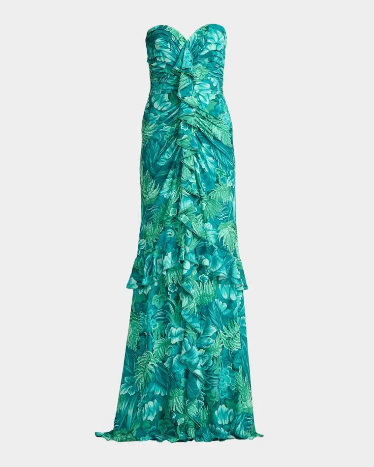 Strapless Botanical-Print Ruffle Gown by TADASHI SHOJI