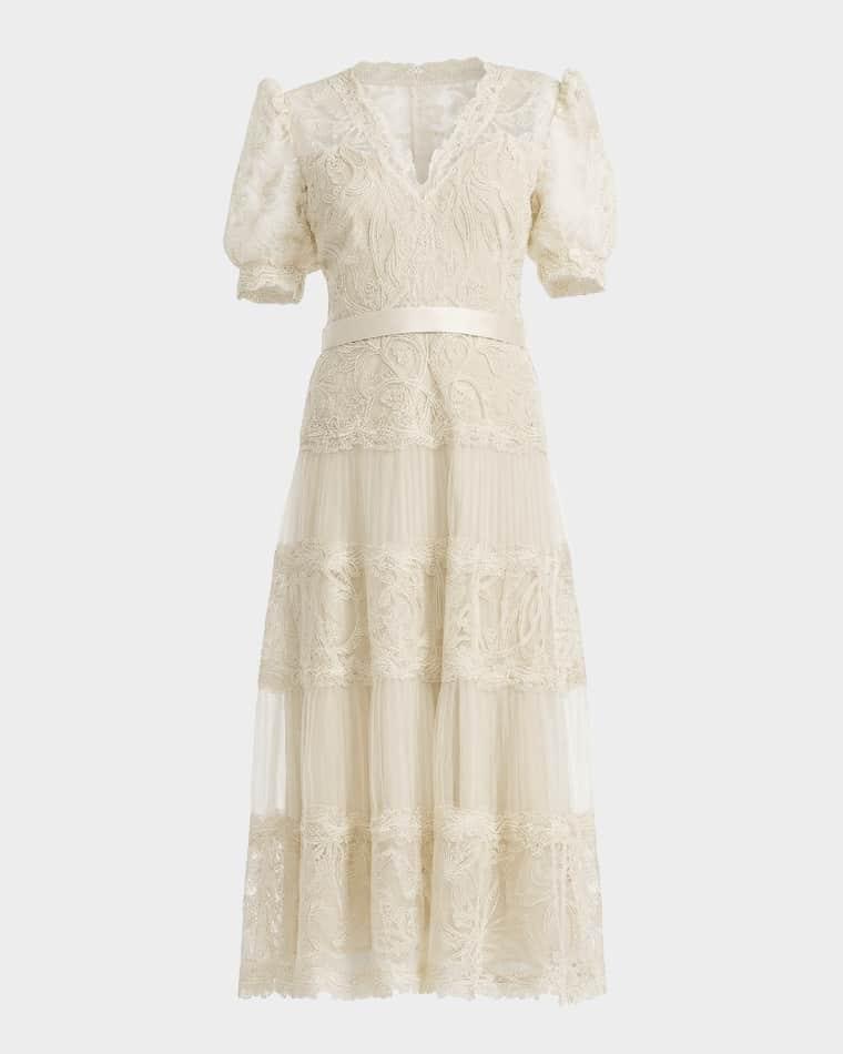 V-Neck Short-Sleeve Lace Tiered Midi Dress by TADASHI SHOJI