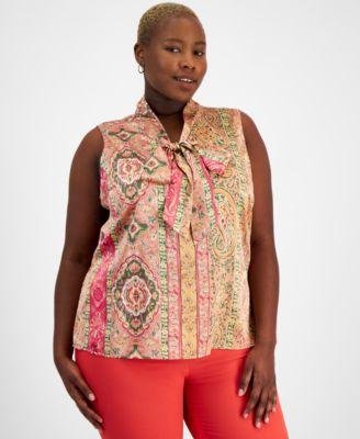 Plus Size Printed Sleeveless Bow Blouse by TAHARI ASL