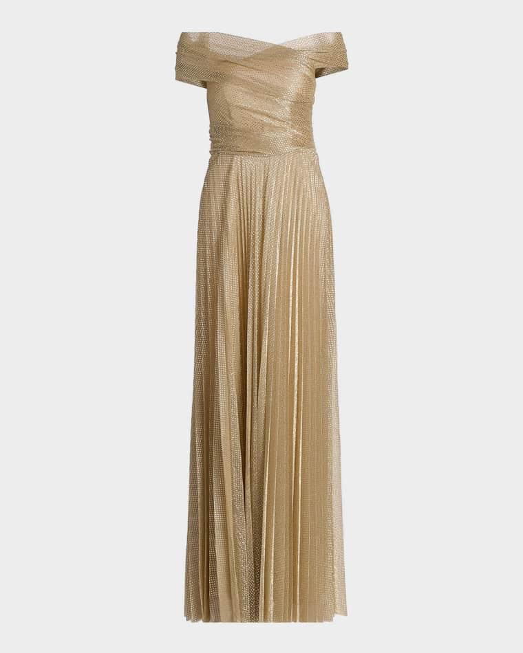 Metallic Pin Dot Pleated Off-The-Shoulder Gown by TALBOT RUNHOF