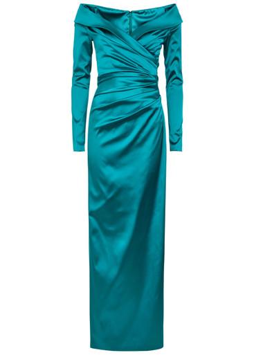 Off-the-shoulder gathered satin maxi dress by TALBOT RUNHOF