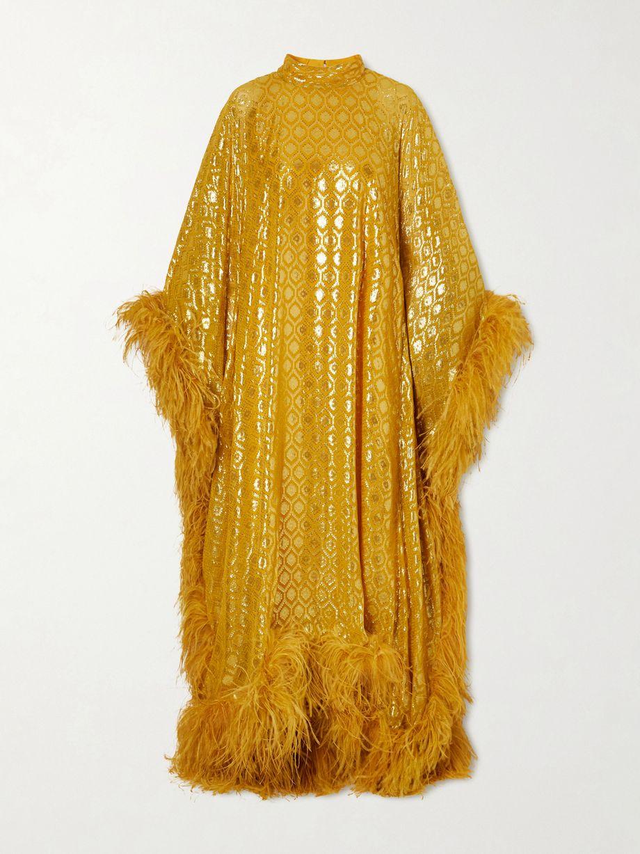 Casta Diva feather-trimmed jacquard-knit metallic fil coupé silk-blend gown by TALLER MARMO