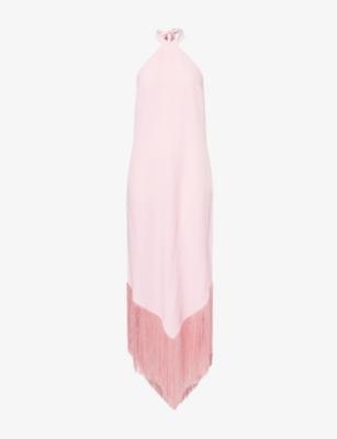 Nina Fringed Halterneck Satin Maxi Dress by TALLER MARMO