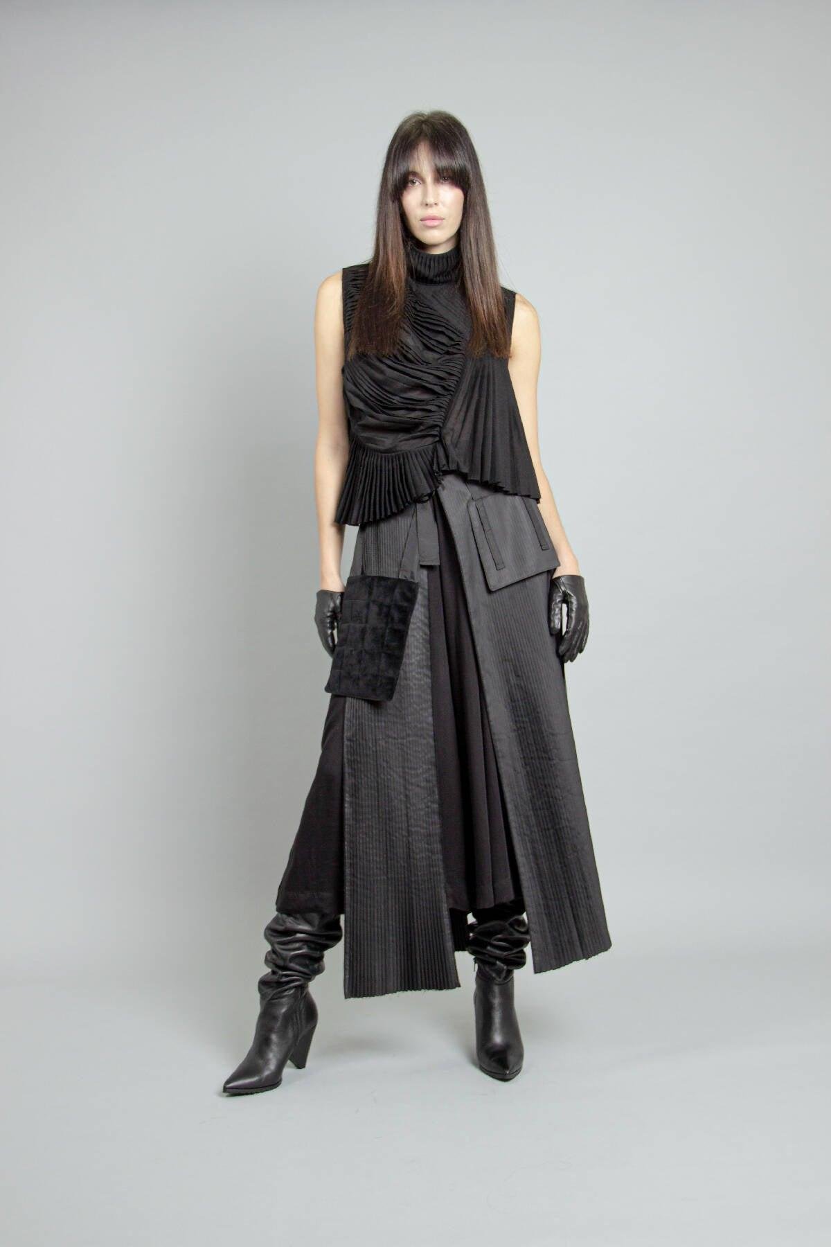 Culottes with pleated overwraps by TAMAR KEBURIA