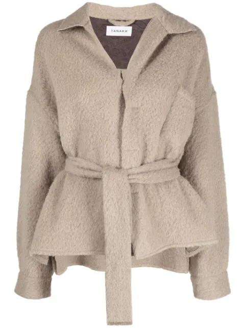 V-neck belted fleece cardi-coat by TANAKA