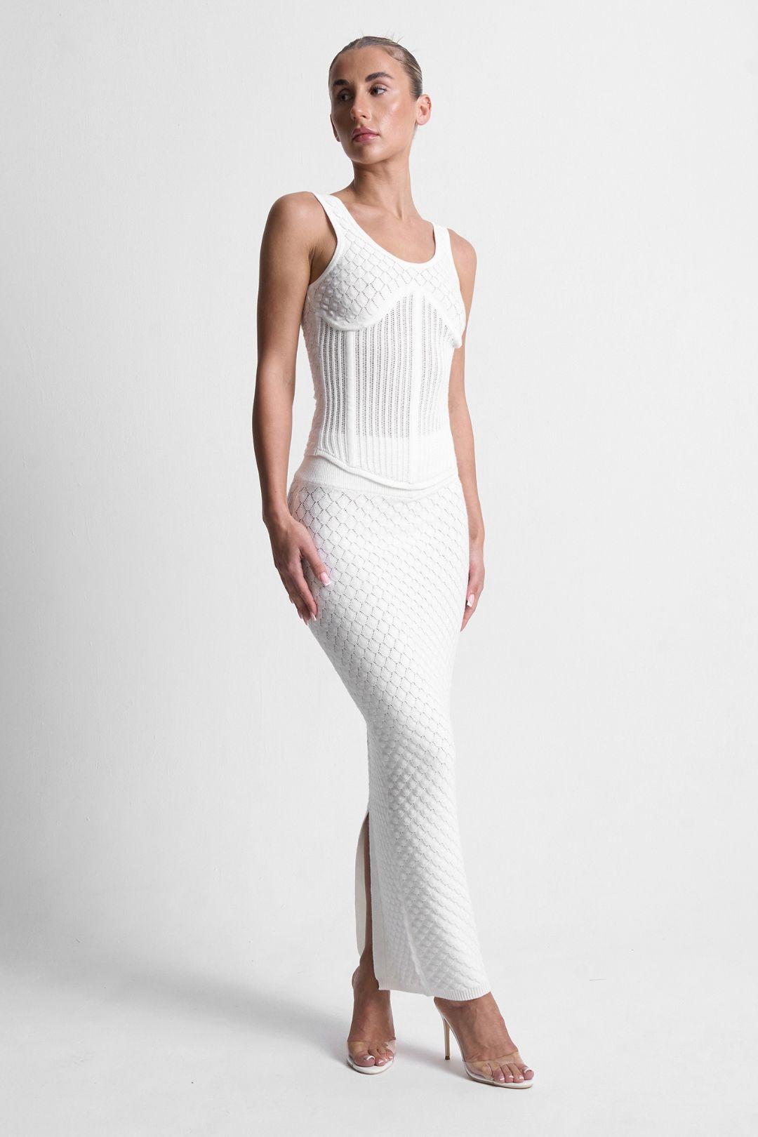 Angled Waist Shell Knit Maxi Skirt by TANAKI