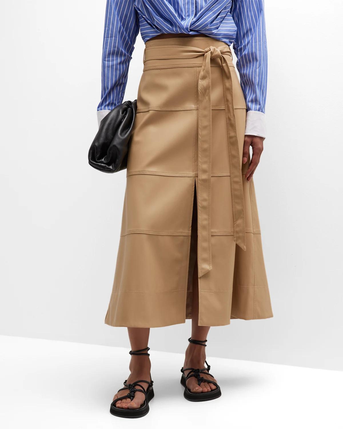 Hudson Faux Leather Belted Tiered Seam Midi Skirt by TANYA TAYLOR