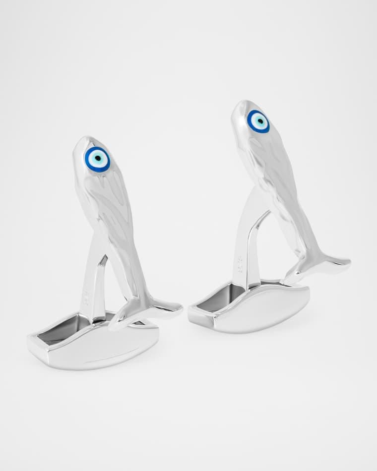 Men's Feng Shui Fish and Enameled Evil Eye Cufflinks in Sterling Silver by TATEOSSIAN