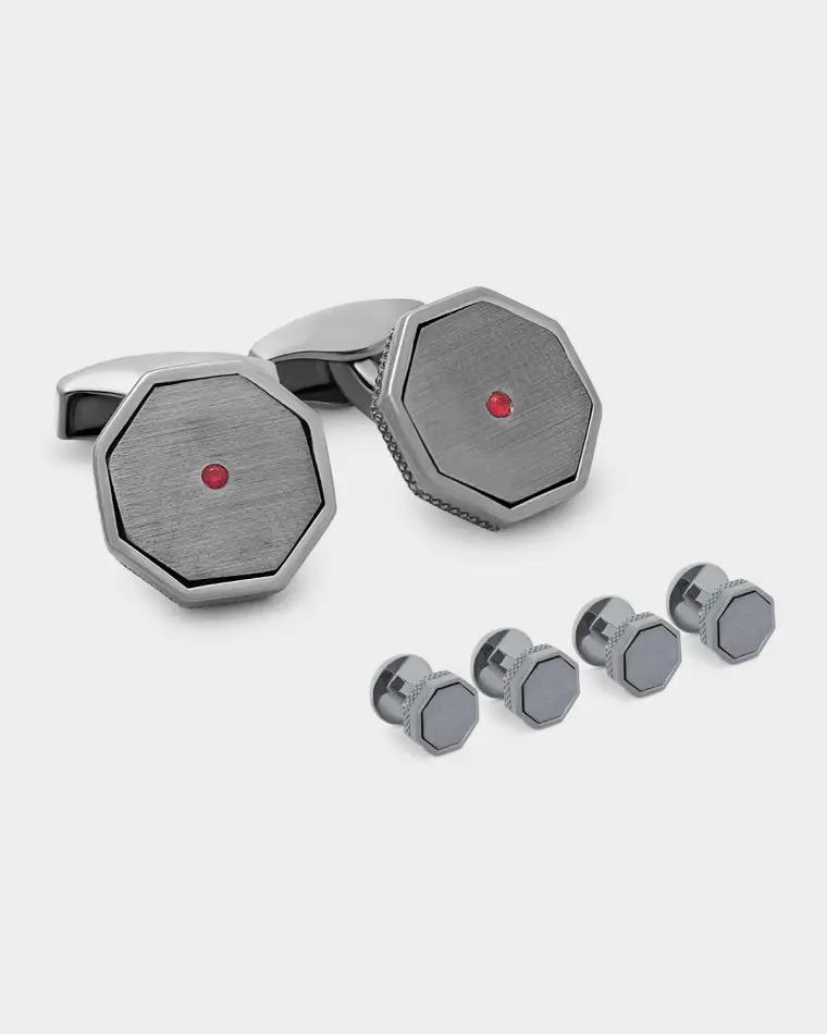 Men's London Eye Ruby Octagonal Cufflink and Stud Set by TATEOSSIAN