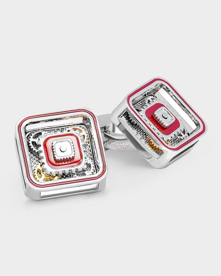 Men's Quadrato Gear Cufflinks with Red Enamel by TATEOSSIAN