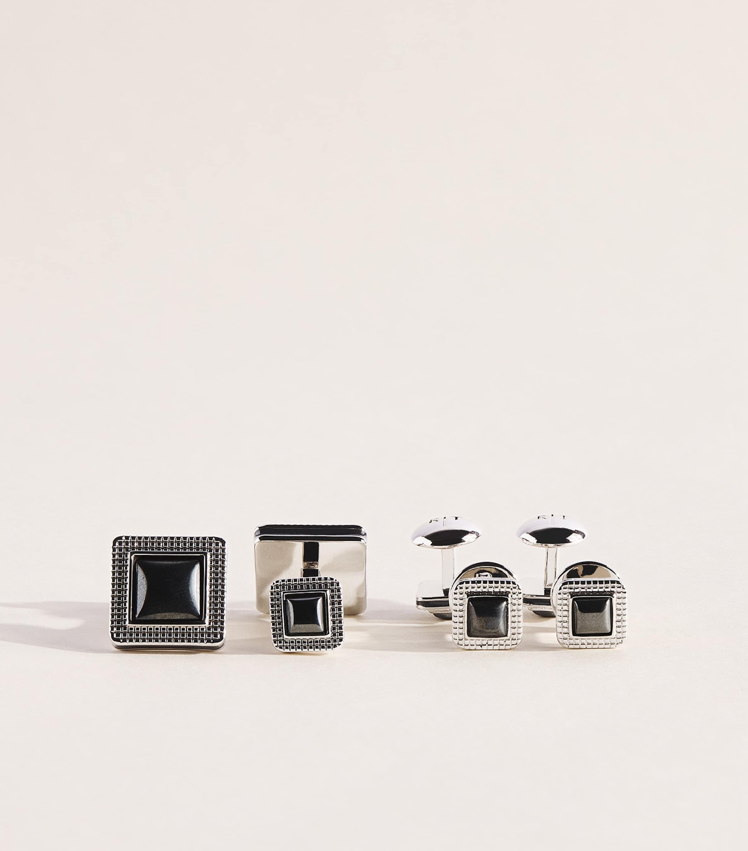 Tateossian Metal and Hematite Duo Cabochon Cufflinks and Studs Set by TATEOSSIAN