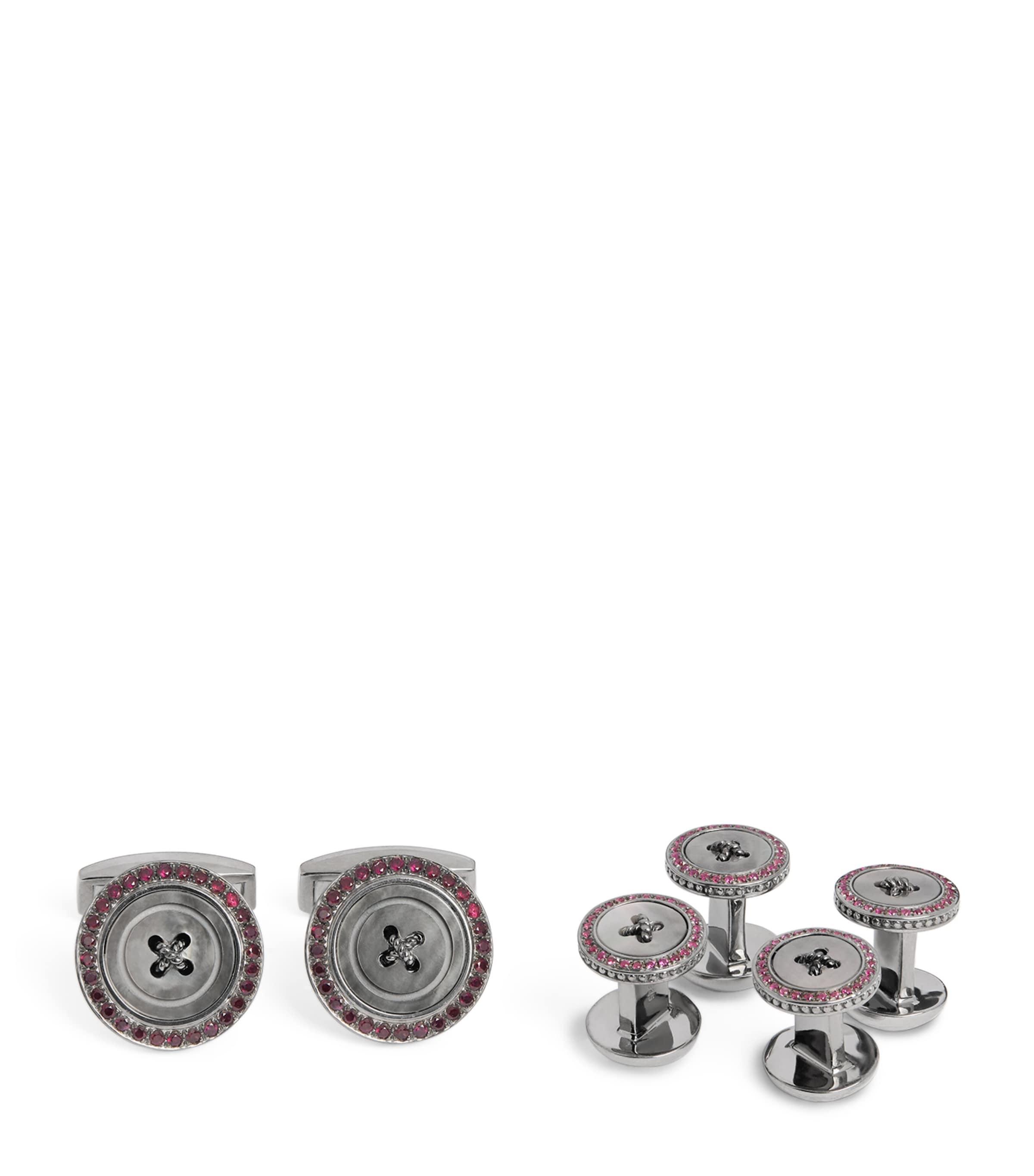Tateossian Silver Ruby-Embellished Button Cufflink and Stud Set by TATEOSSIAN