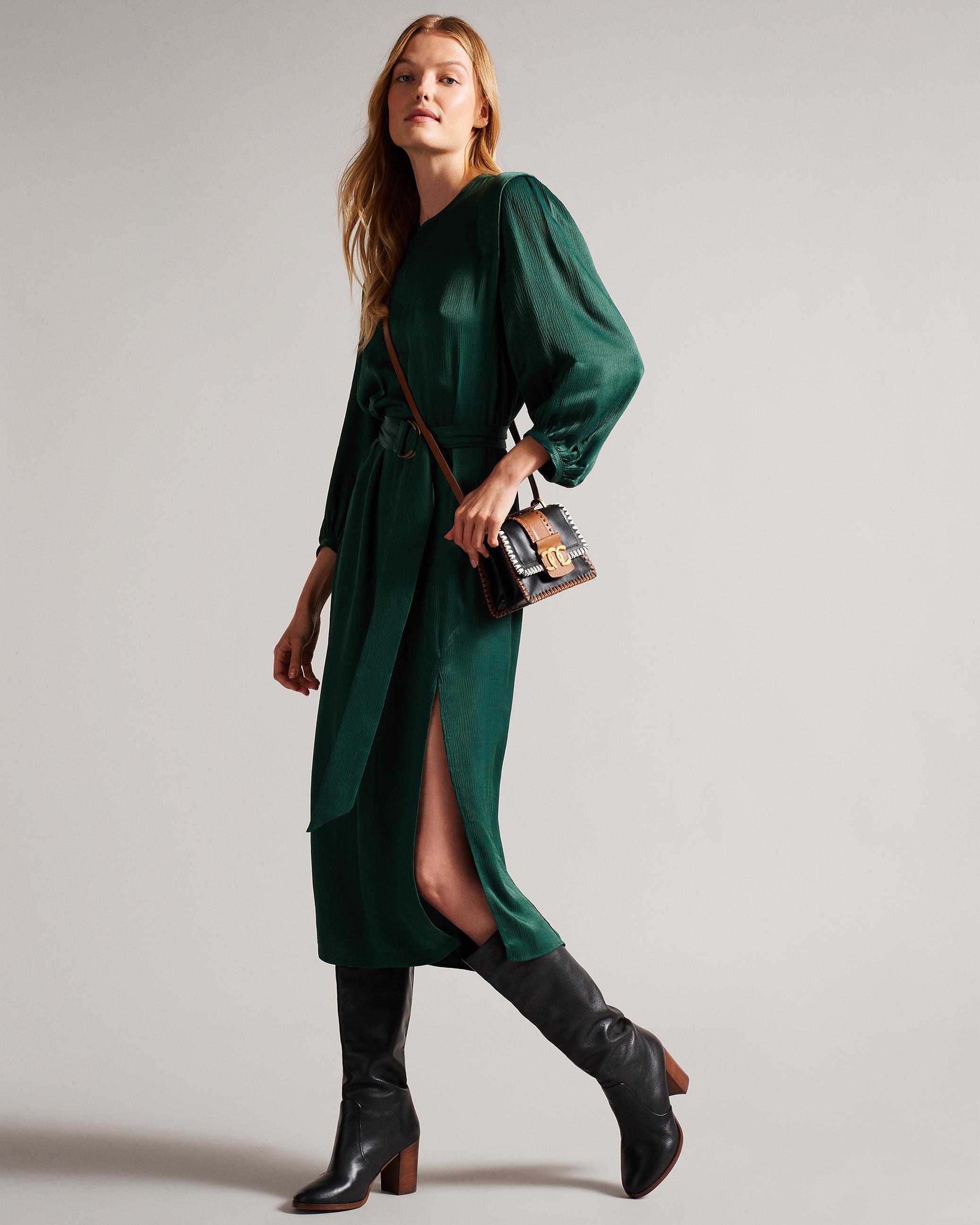 Belted Midi Dress With Exaggerated Sleeve - JOSINA - Dark Green by TED BAKER Belted Midi Dress With Exaggerated Sleeve - JOSINA - Dark Green by TED BAKER