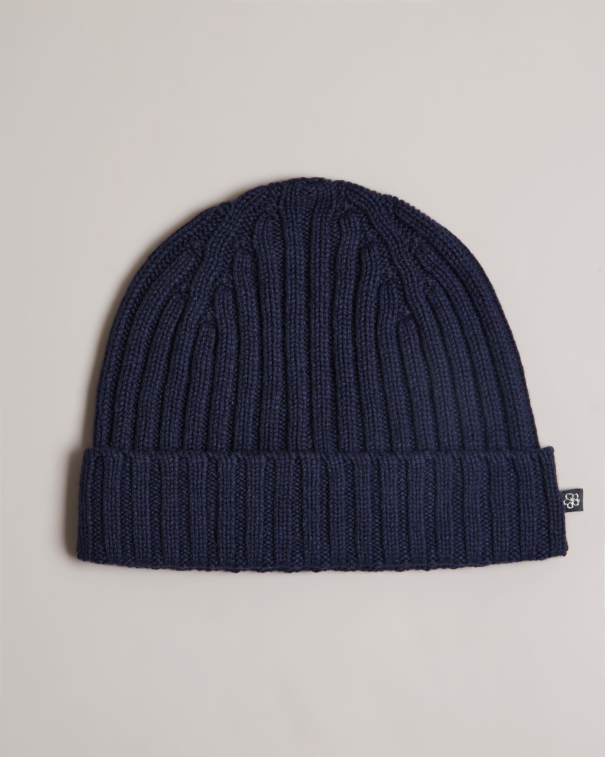 Cashmere Blend Ribbed Beanie Hat - OAKLAND - Navy by TED BAKER
