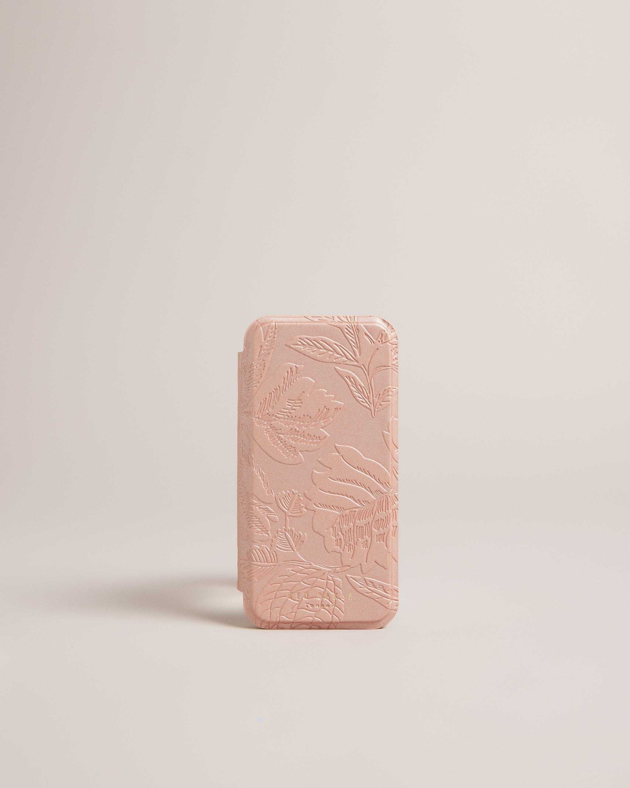 Embossed Leaves iPhone 13 And 14 Mirror Case - ABALINE - Pink by TED BAKER Embossed Leaves iPhone 13 And 14 Mirror Case - ABALINE - Pink by TED BAKER