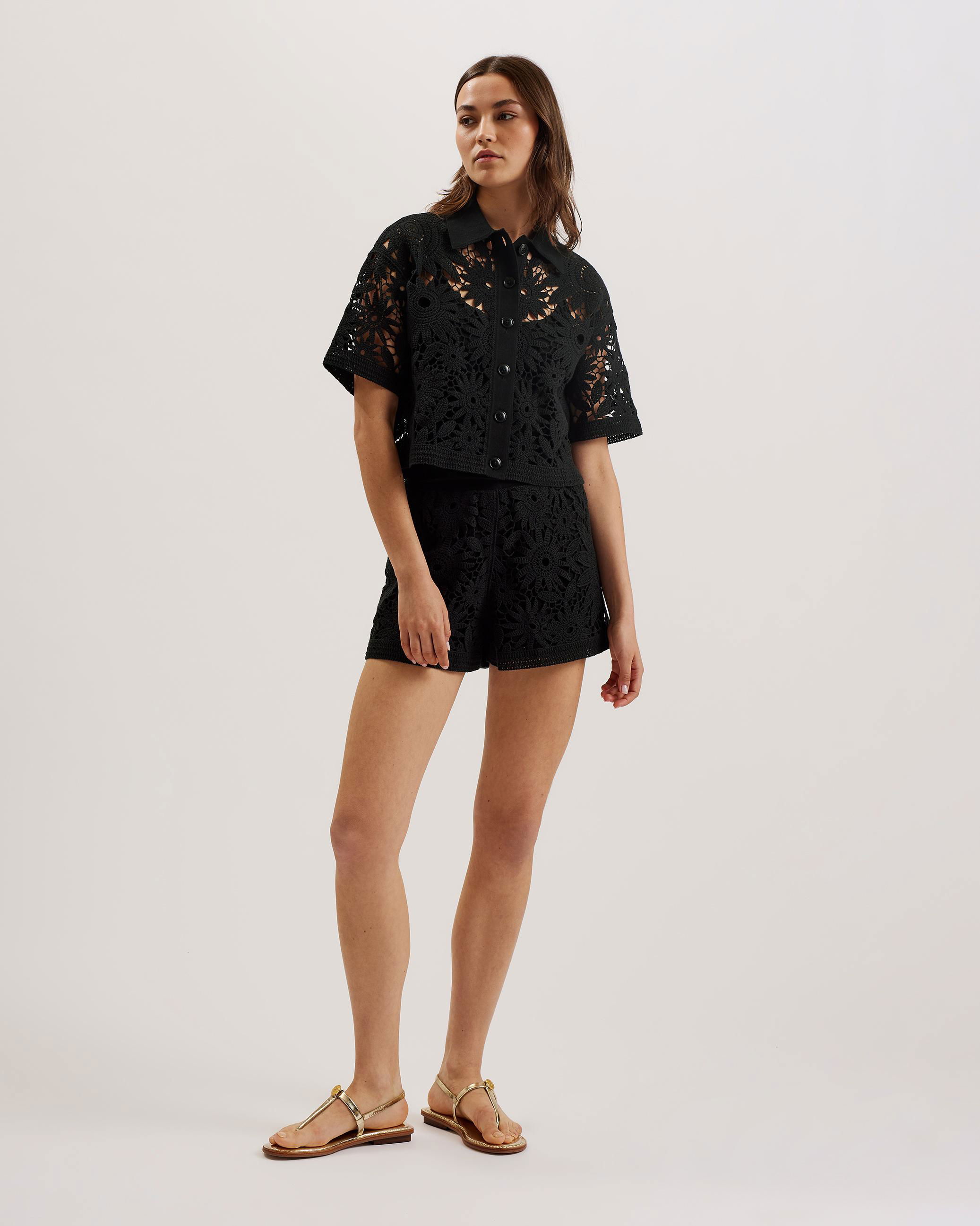 Floral Crochet Boxy Cropped Shirt - ANGIIEE - Black by TED BAKER