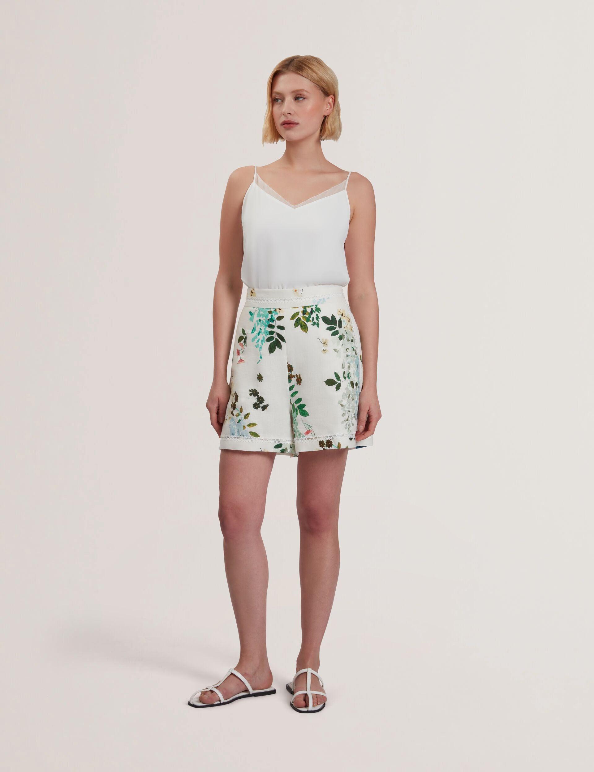 Floral High Waist Linen Shorts With Trim Detail by TED BAKER