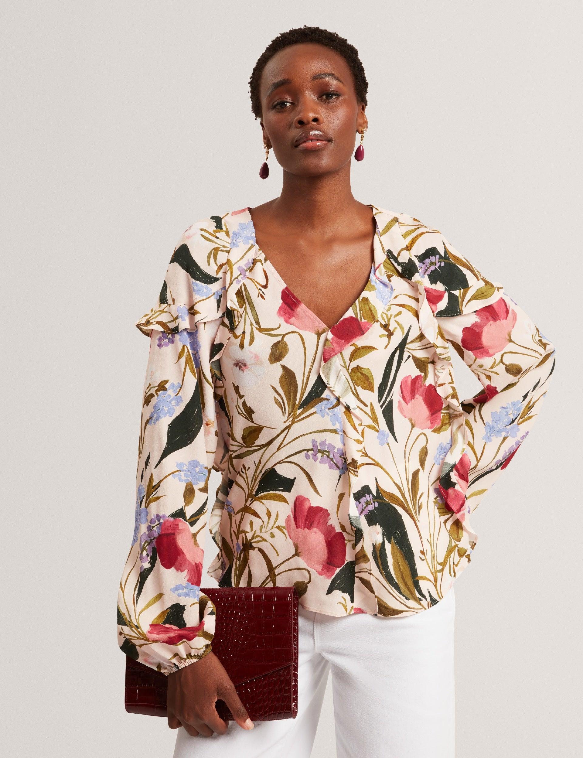 Floral Print Frill Trim Long Sleeve Blouse by TED BAKER