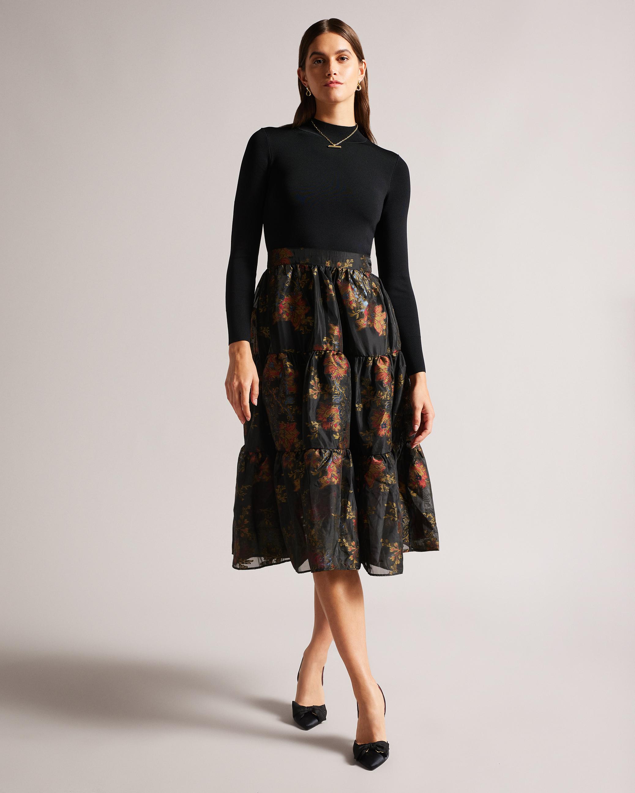 Knit Bodice Dress With Tiered Midi Skirt - AUDRIA - Black by TED BAKER Knit Bodice Dress With Tiered Midi Skirt - AUDRIA - Black by TED BAKER