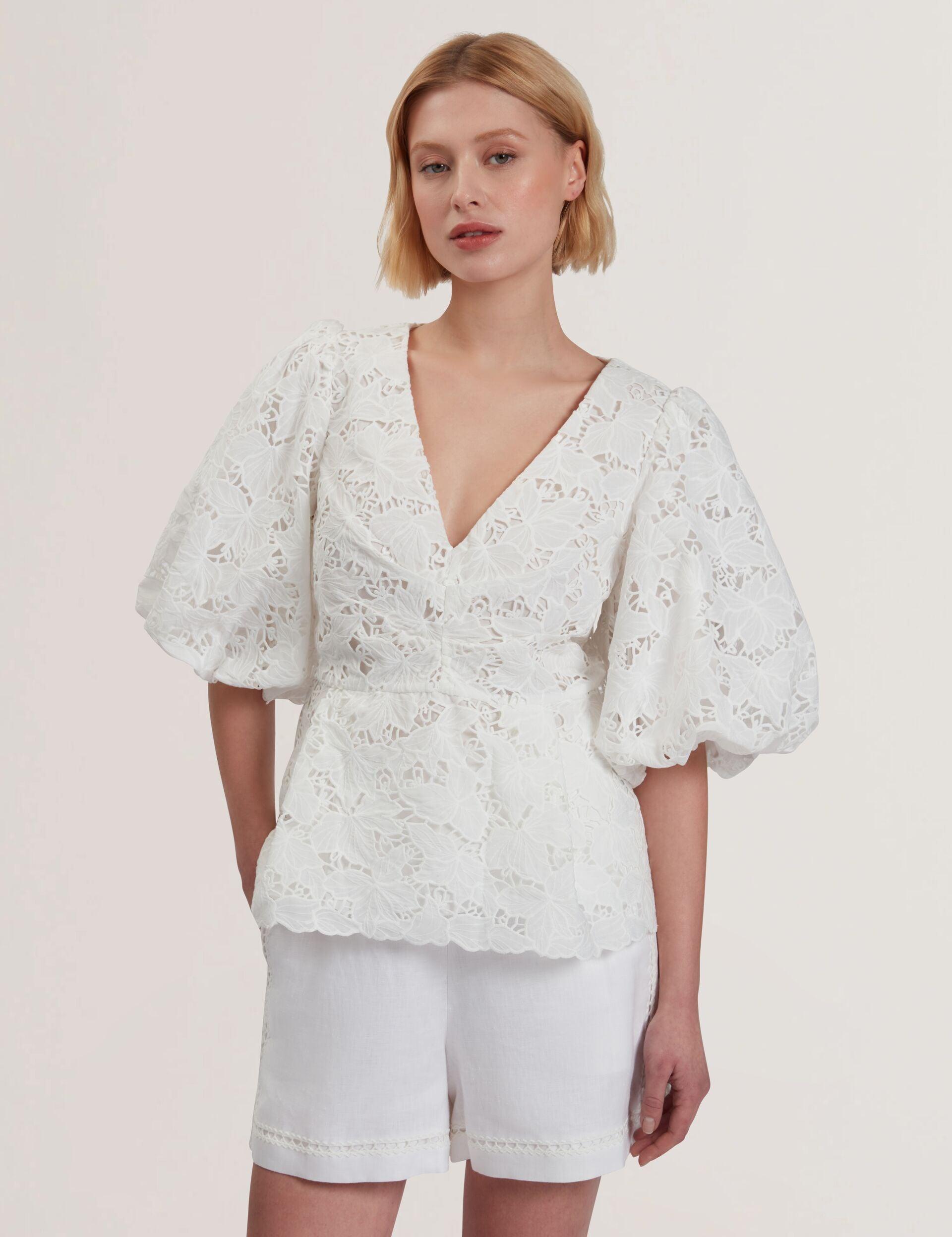 Lace Puff Sleeve V-Neck Peplum Top by TED BAKER