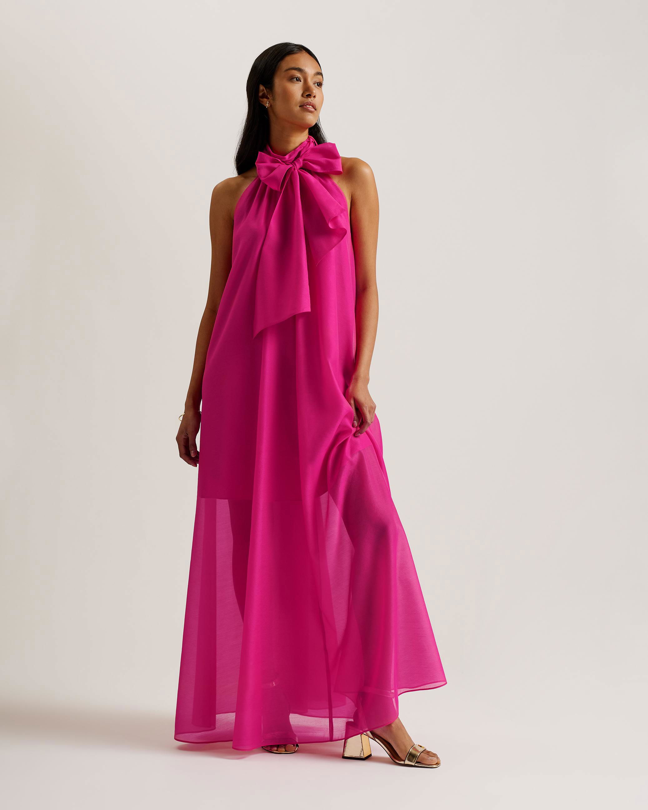 Organza Maxi Dress With Tie Neck - ARIKAA - Bright Pink by TED BAKER