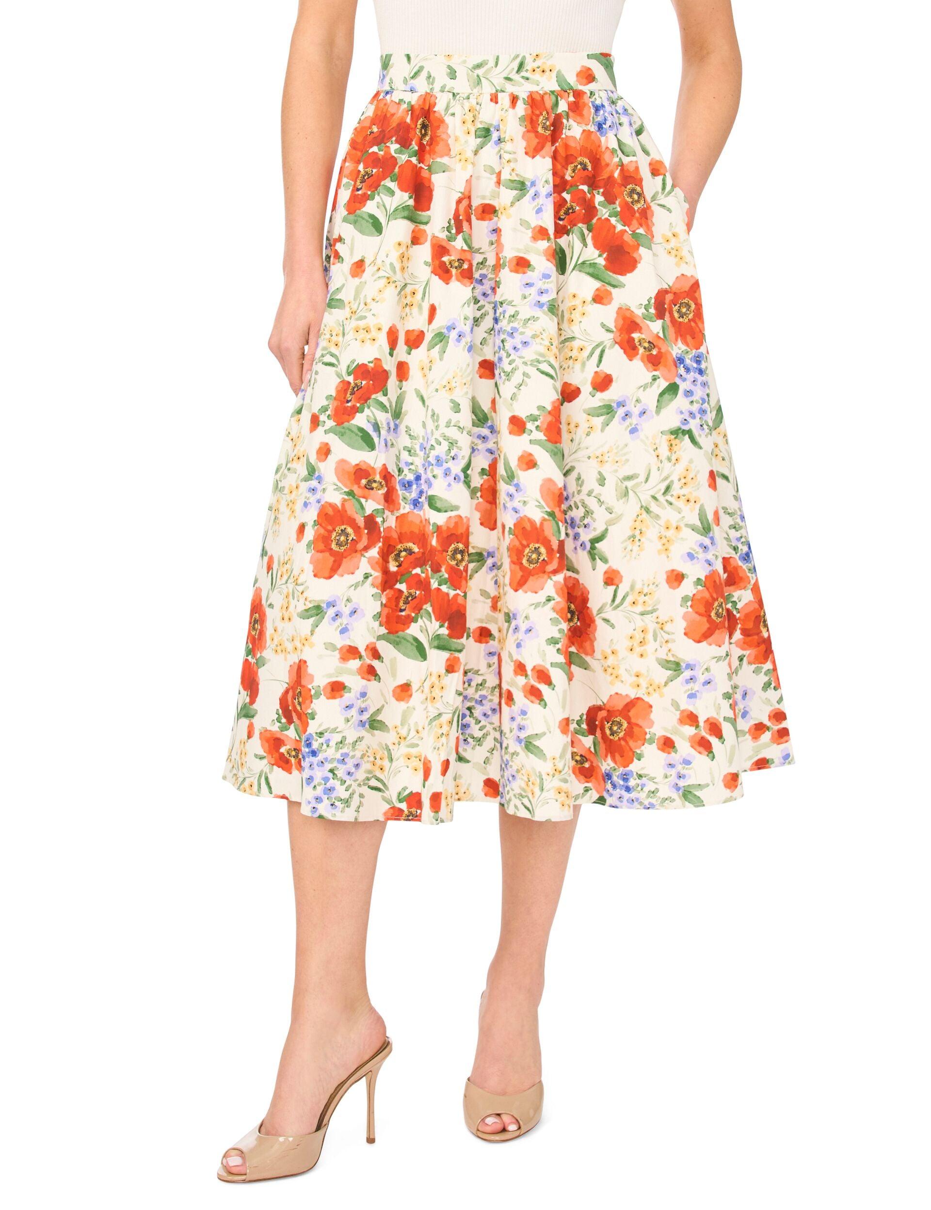Poppy Print Cotton A-Line Midi Skirt by TED BAKER
