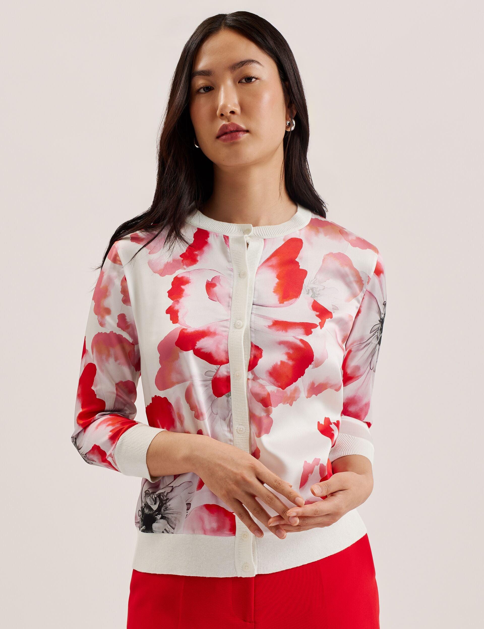 Printed Front 3/4 Sleeve Linen-blend Cardigan by TED BAKER