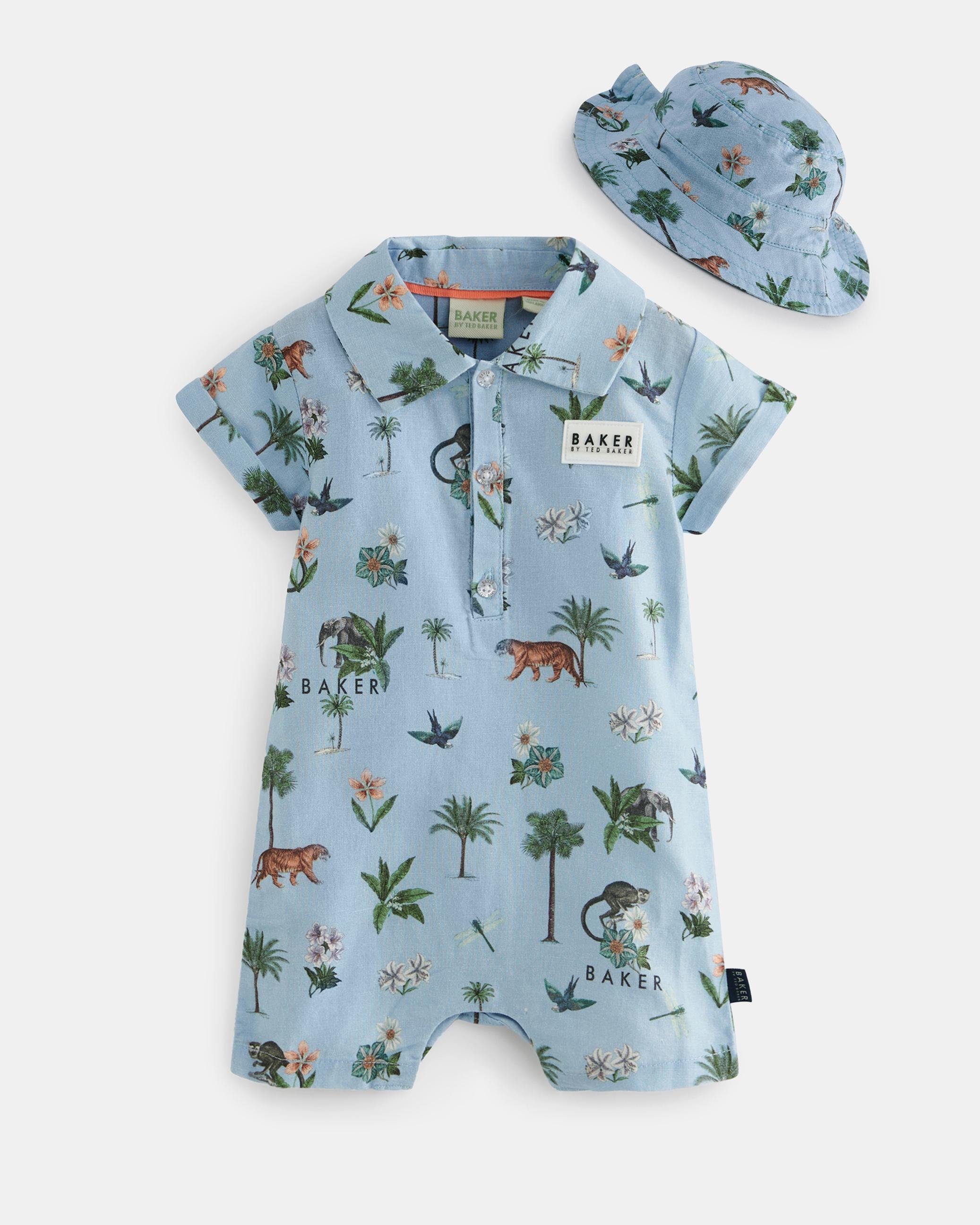 Printed Linen Cotton Romper And Hat Set - STOYAN - Blue by TED BAKER